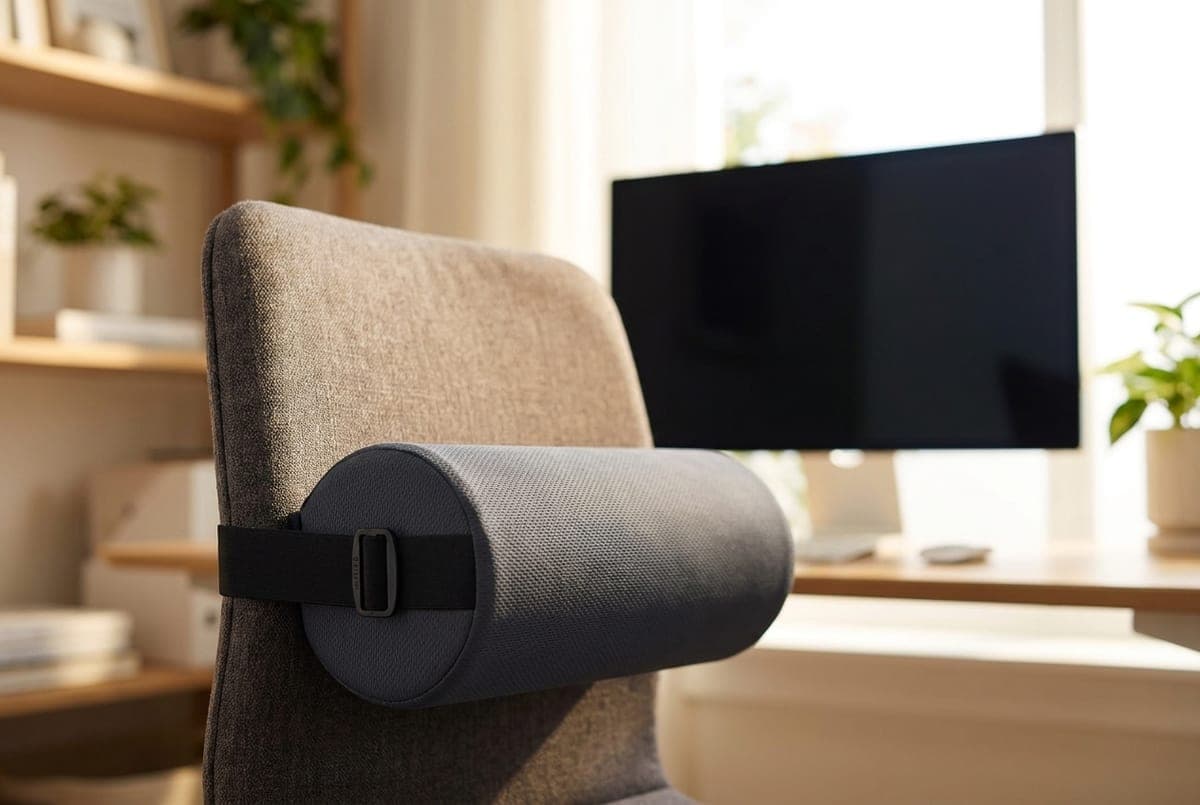 Original McKenzie cylindrical foam lumbar roll strapped across the back of an office chair