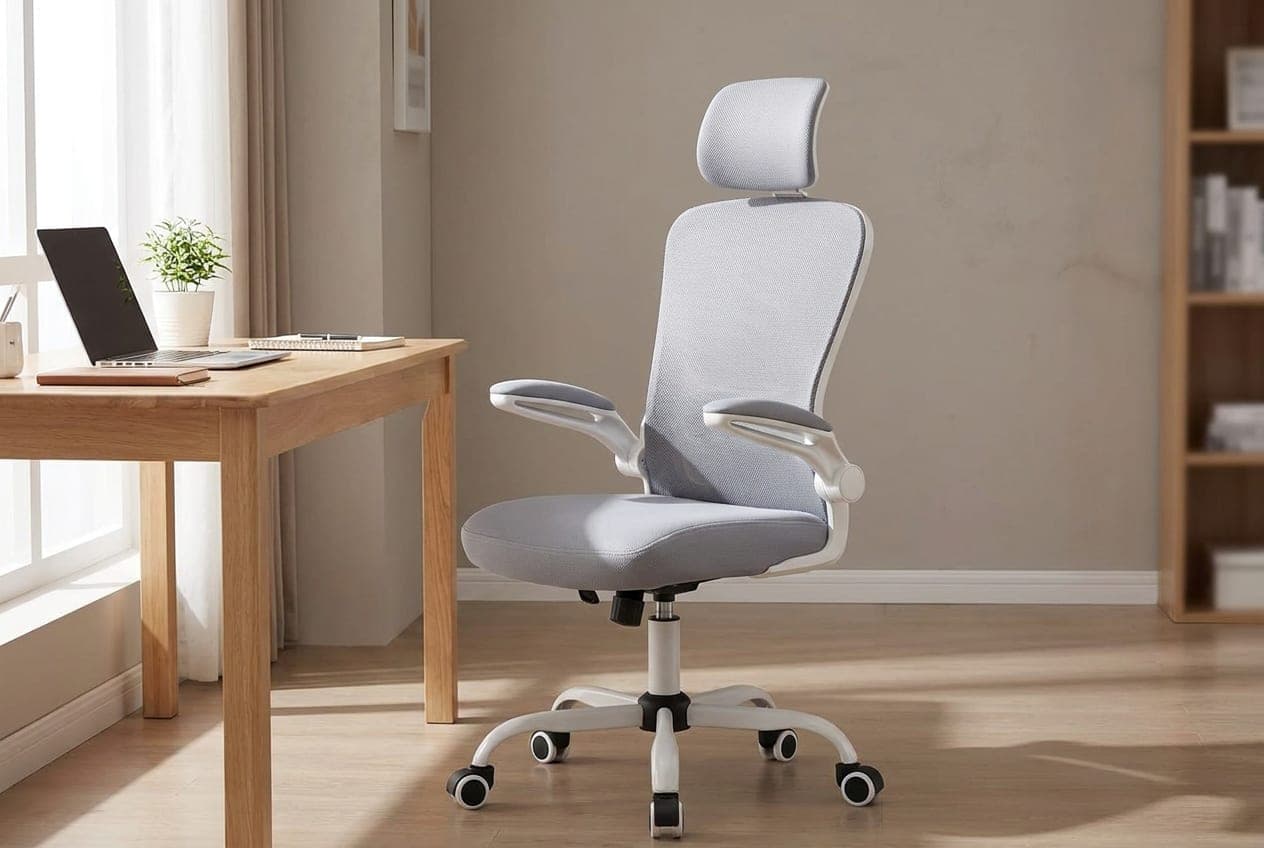 Mimoglad high-back ergonomic office chair with mesh back, headrest, and flip-up armrests in a home office