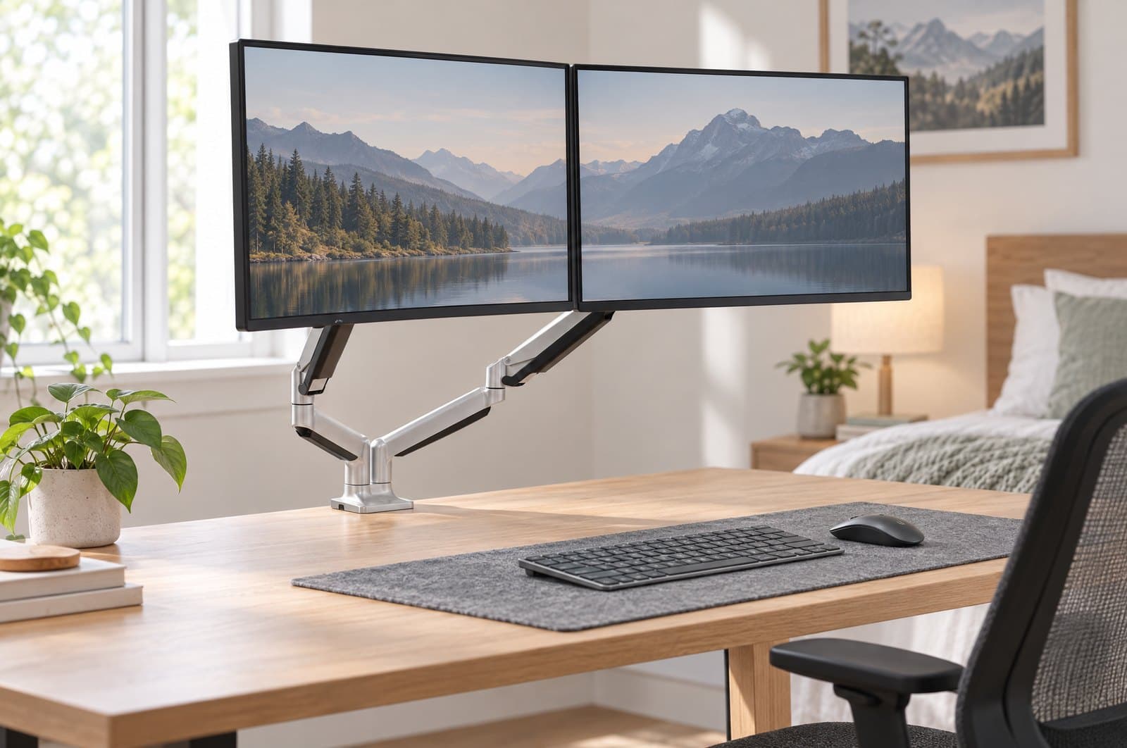Mount-It! MI-1772 dual monitor arm in brushed silver with dark inlays, two gas-spring arms from a single clamp base holding two screens