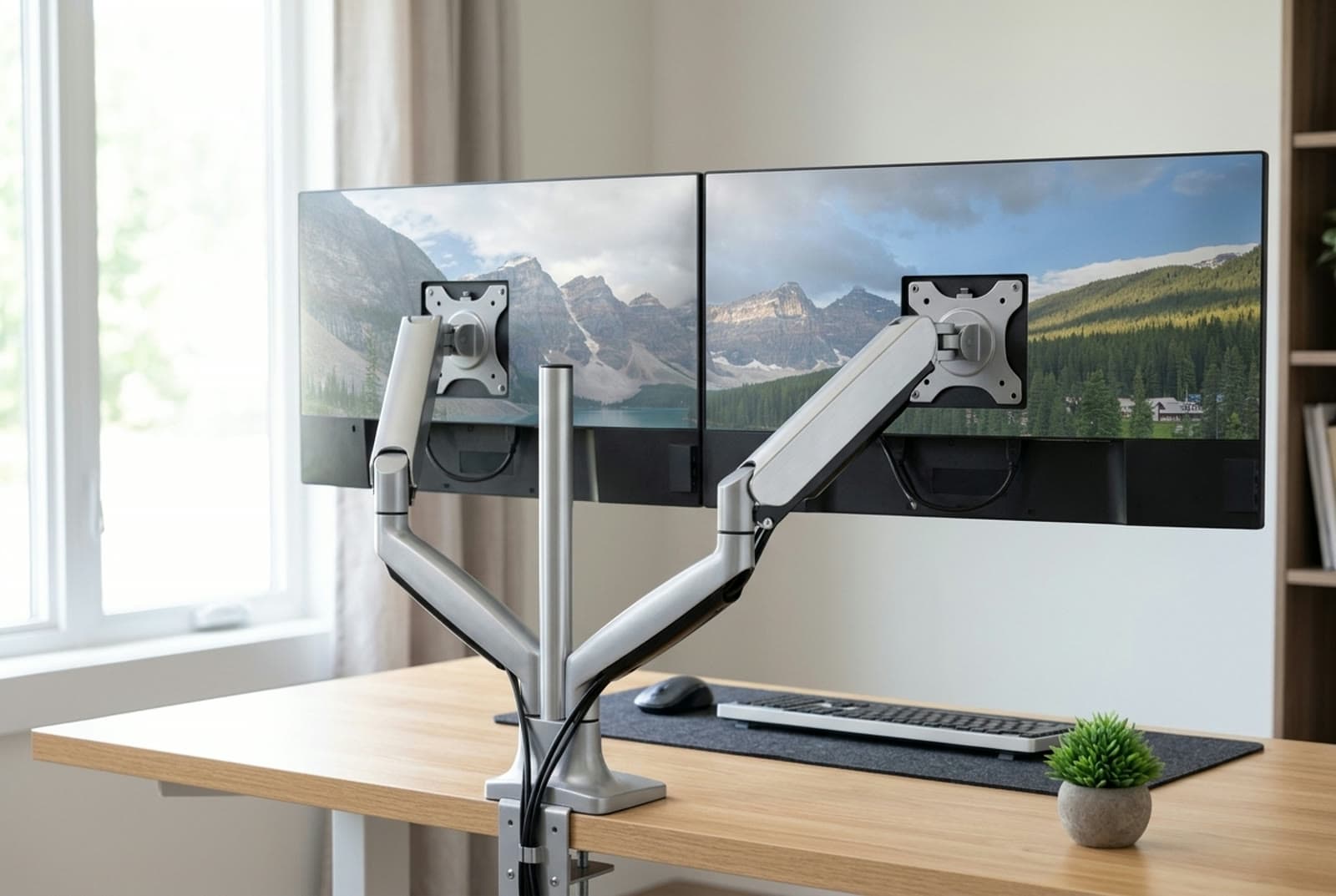Mount-It MI-1772 dual gas-spring monitor arm holding two large screens over a desk