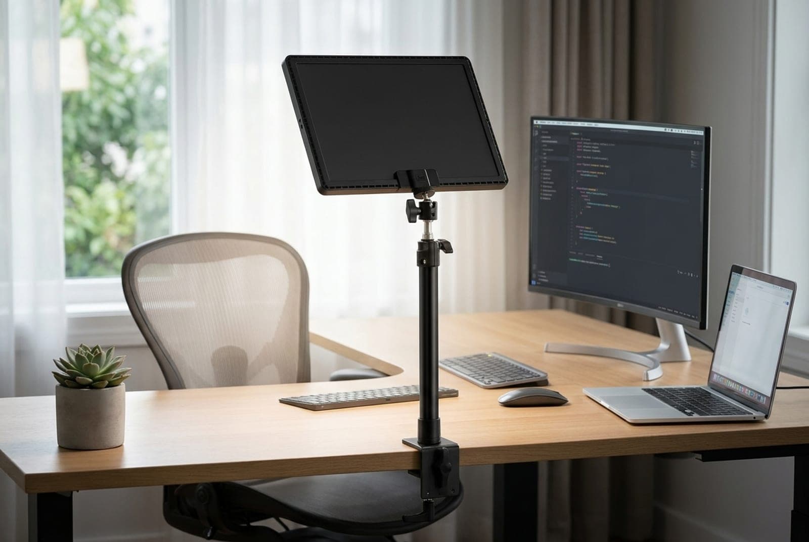 Neewer GL1 PRO large edge-lit key light panel on a desk stand in a home-office setup