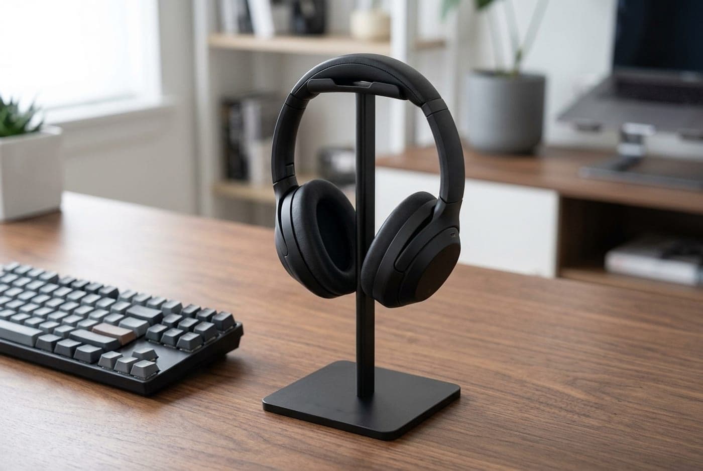Simple black aluminum New Bee headphone stand with a curved padded top holding over-ear headphones on a desk