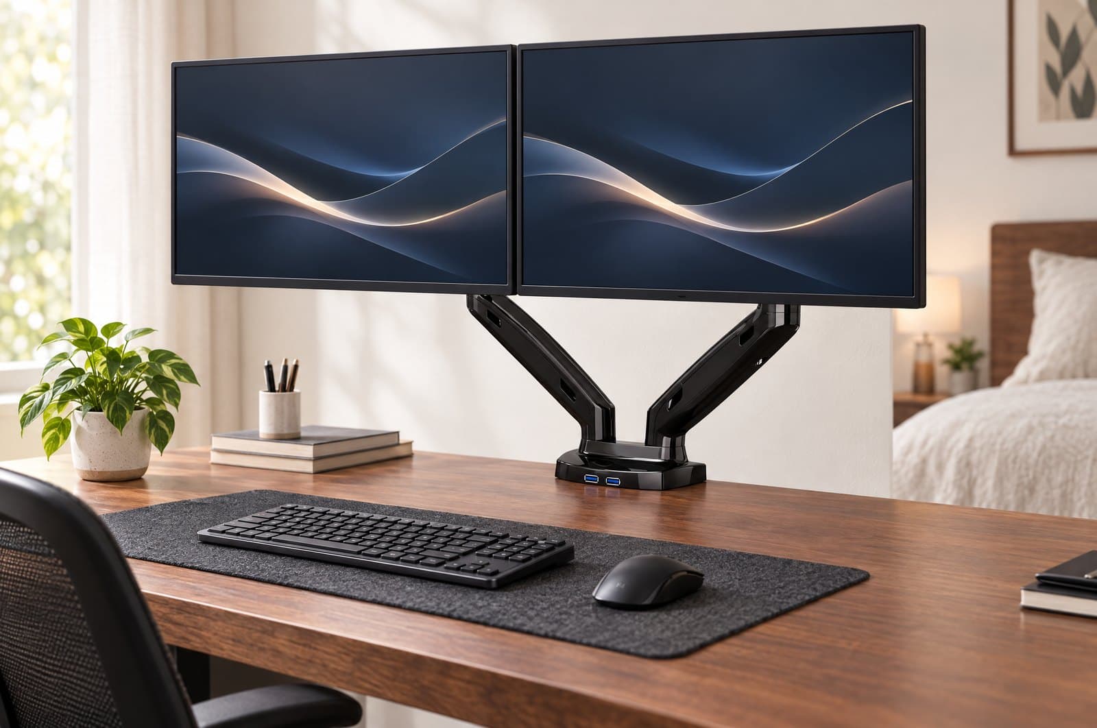 North Bayou F160 dual gas-spring monitor arm in gloss black, two arms rising from one oval base with USB 3.0 ports, holding two matched monitors