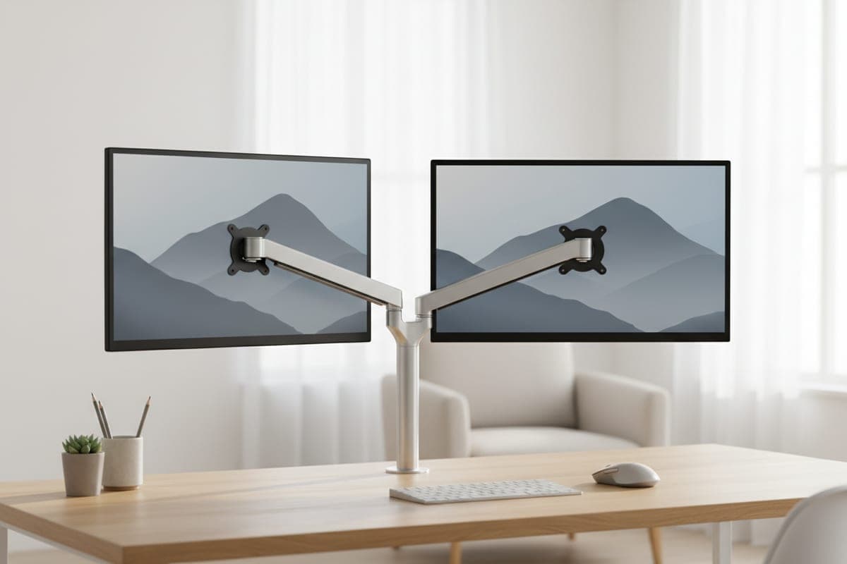 North Bayou F160 dual gas-spring monitor arm holding two matched monitors over a desk