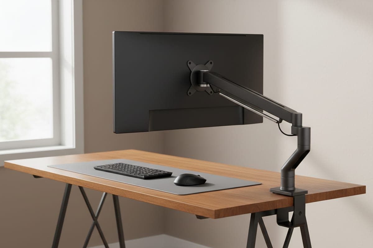 North Bayou F80 gas-spring monitor arm holding a single monitor over a tidy desk