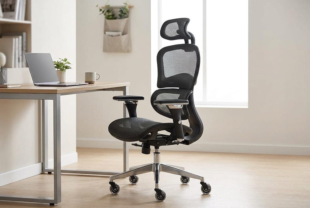NOUHAUS Ergo3D full-mesh ergonomic office chair with 4D armrests and headrest in a bright home office