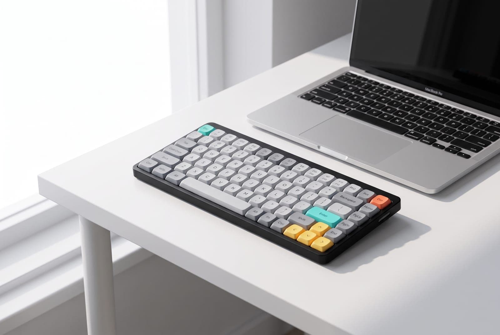 NuPhy Air75 V2 low-profile 75% mechanical keyboard with pastel keycaps next to a MacBook on a bright minimalist desk