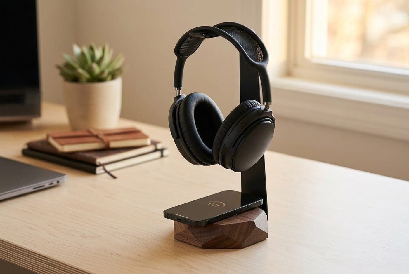 Solid walnut Oakywood headphone stand with a slim black steel arm and a phone charging wirelessly on its faceted wooden base