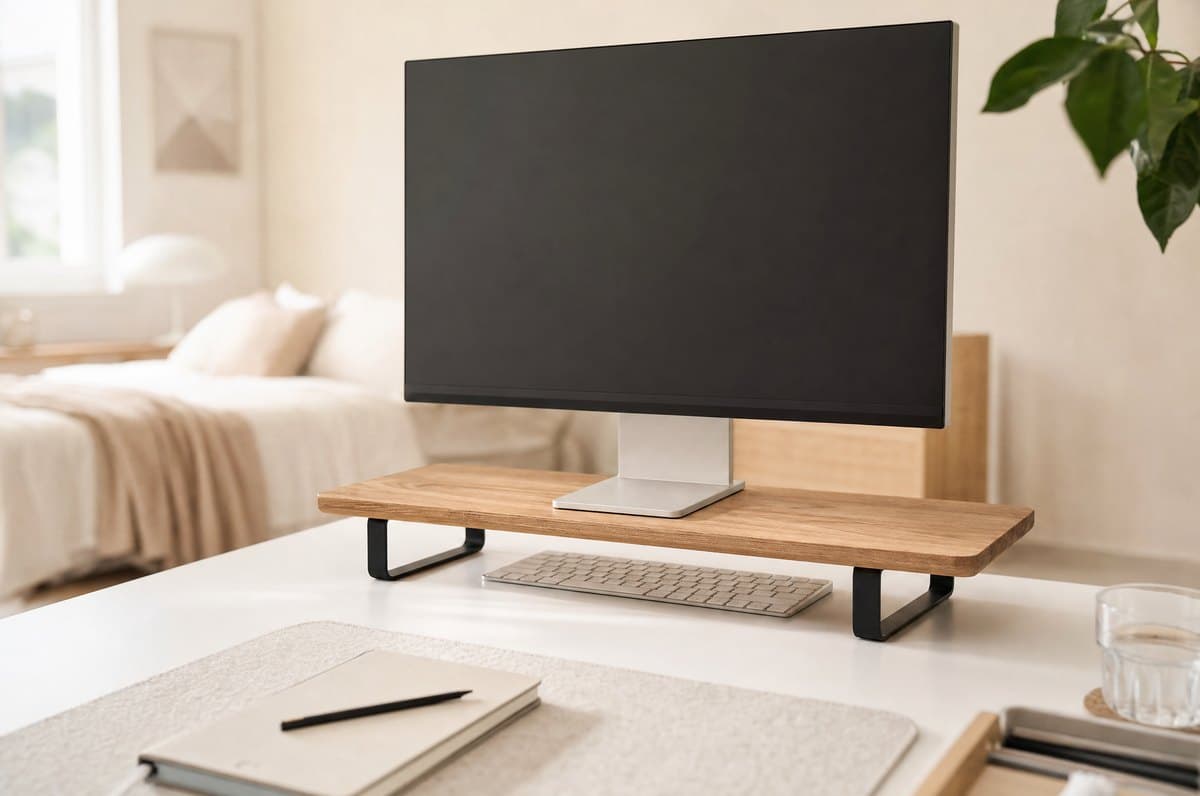 Oakywood solid oak desk shelf on two black powder-coated steel legs raising a monitor over a keyboard in a warm, minimalist home office
