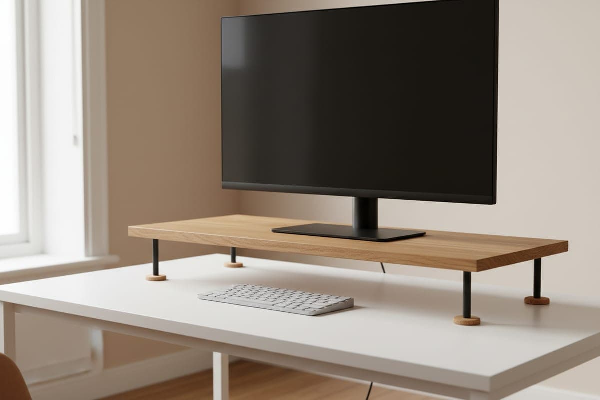 Oakywood solid oak desk shelf on powder-coated steel legs raising a monitor over a keyboard in a warm, minimalist home office