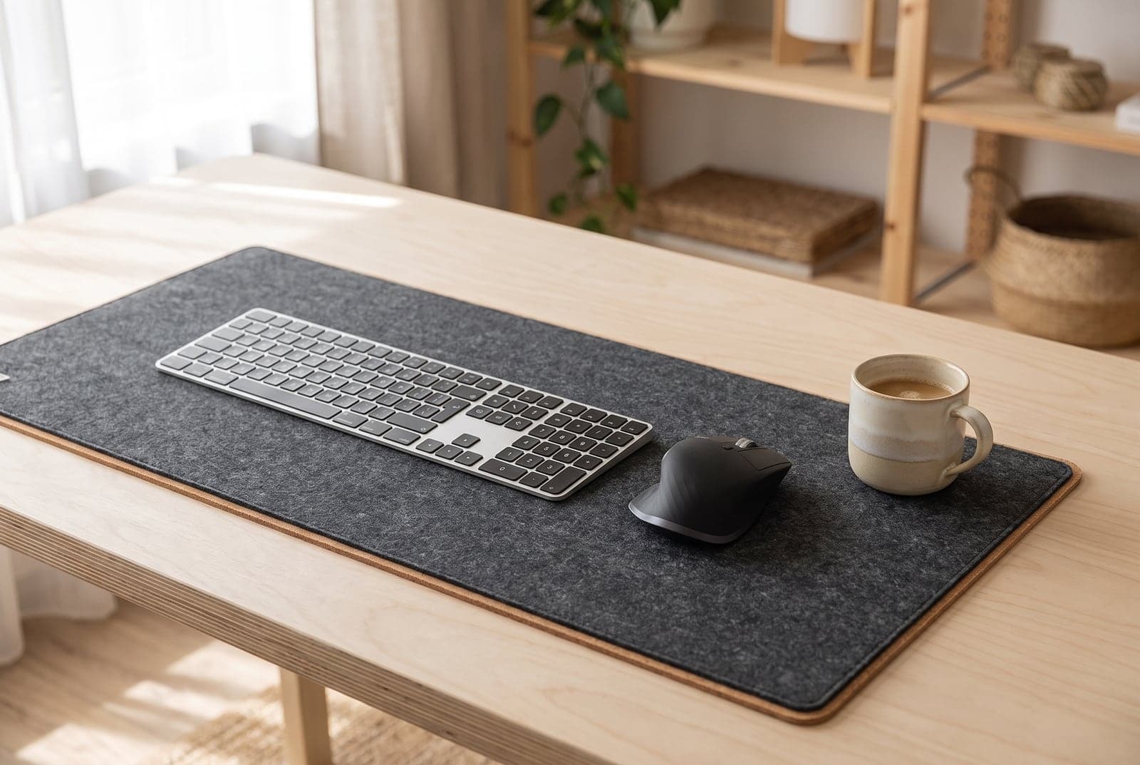 Anthracite Oakywood Merino felt desk mat with a natural cork base on a light wood desk in a Scandinavian home office