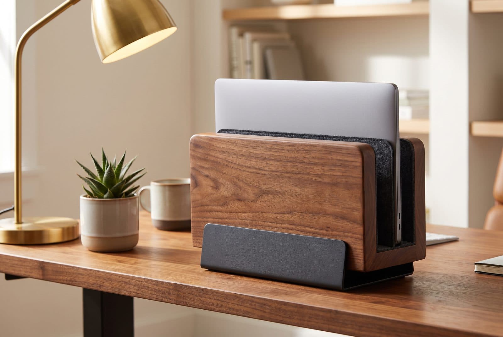 Oakywood solid walnut vertical laptop stand with a black steel base holding a closed laptop upright on a warm wooden desk