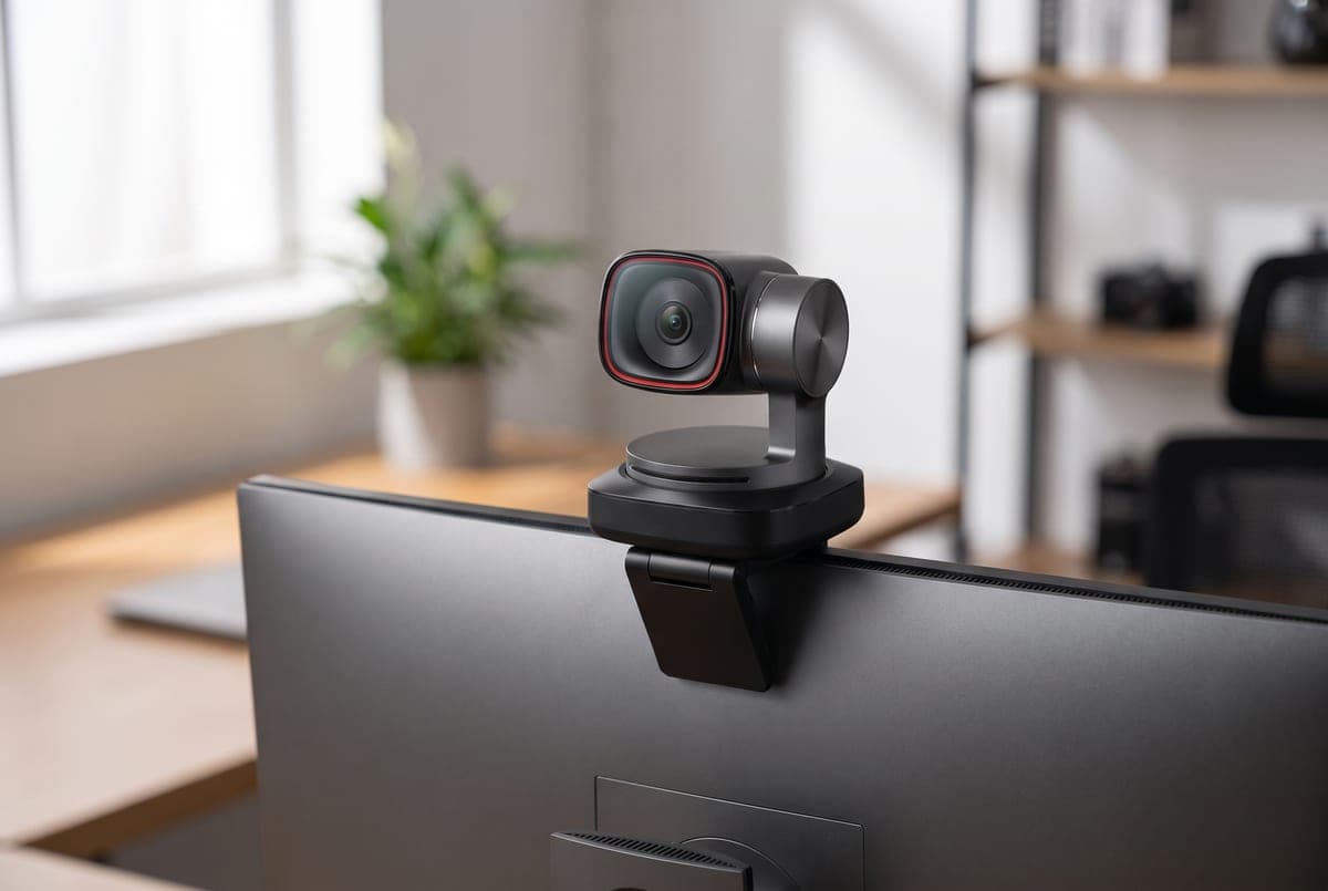 OBSBOT Tiny 2 AI PTZ webcam on a two-axis gimbal mounted atop a monitor, its lens turned to follow a presenter at a home-office desk