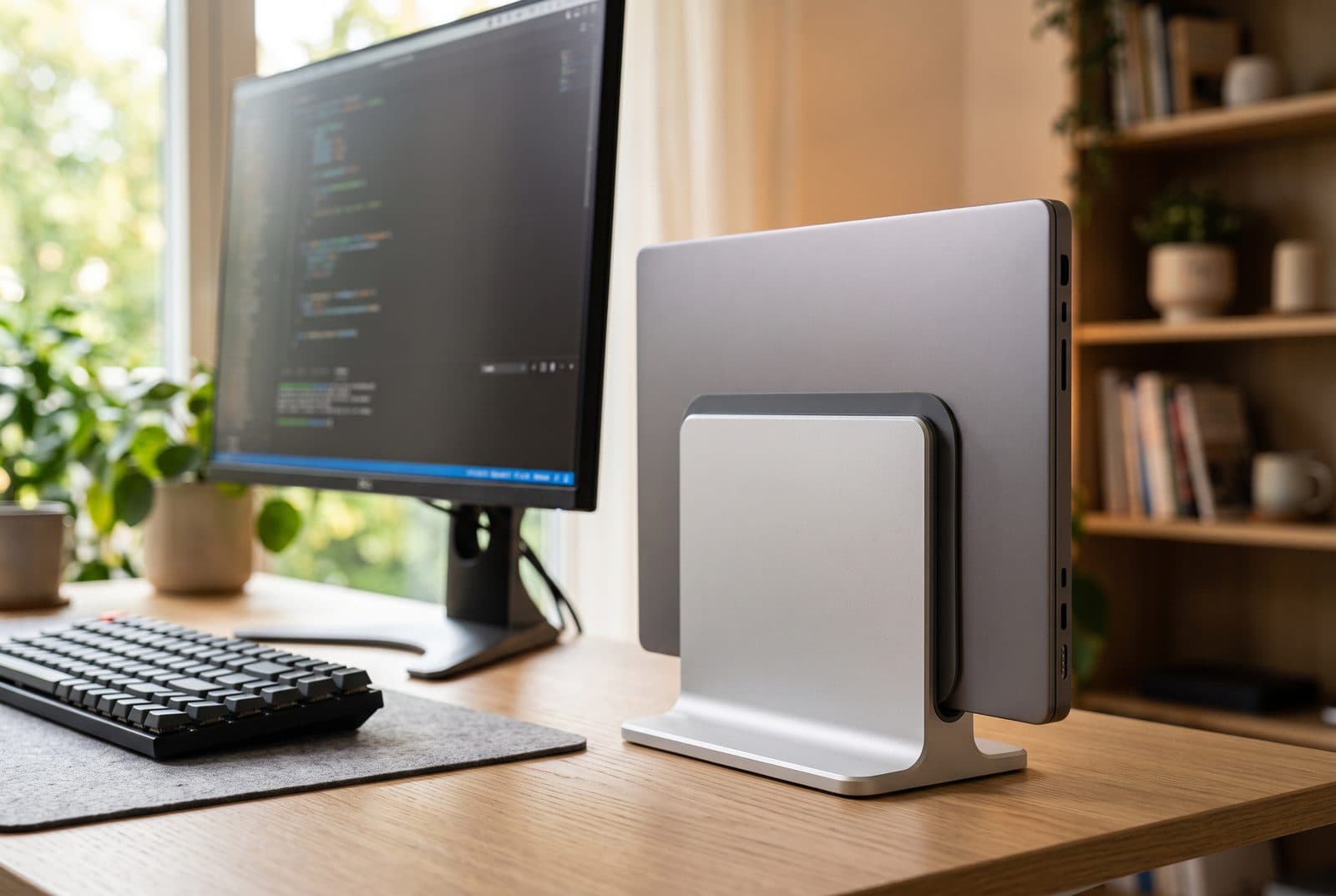 OMOTON silver aluminum vertical laptop stand holding a closed laptop upright on a desk next to a monitor and keyboard