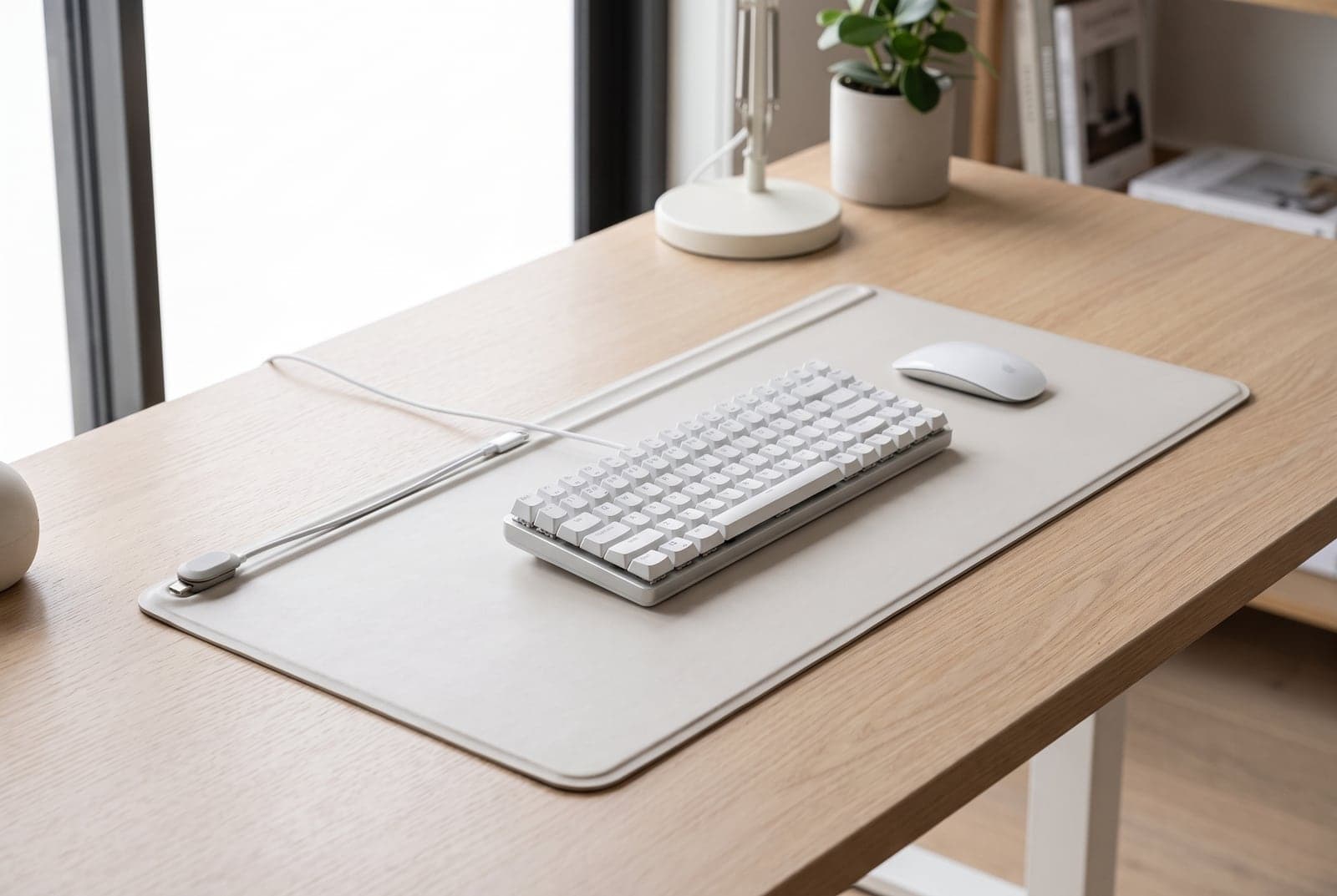 Stone-colored Orbitkey vegan-leather desk mat with a magnetic cable holder routing a charging cable, on a bright desk