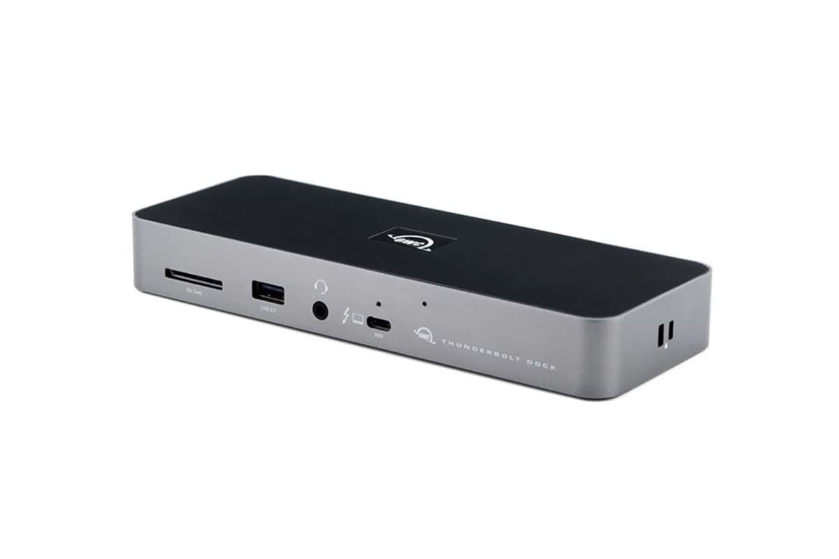 OWC 11-port Thunderbolt dock, a horizontal space-gray aluminum bar with a black top and a front row of ports, shown on a clean white studio background