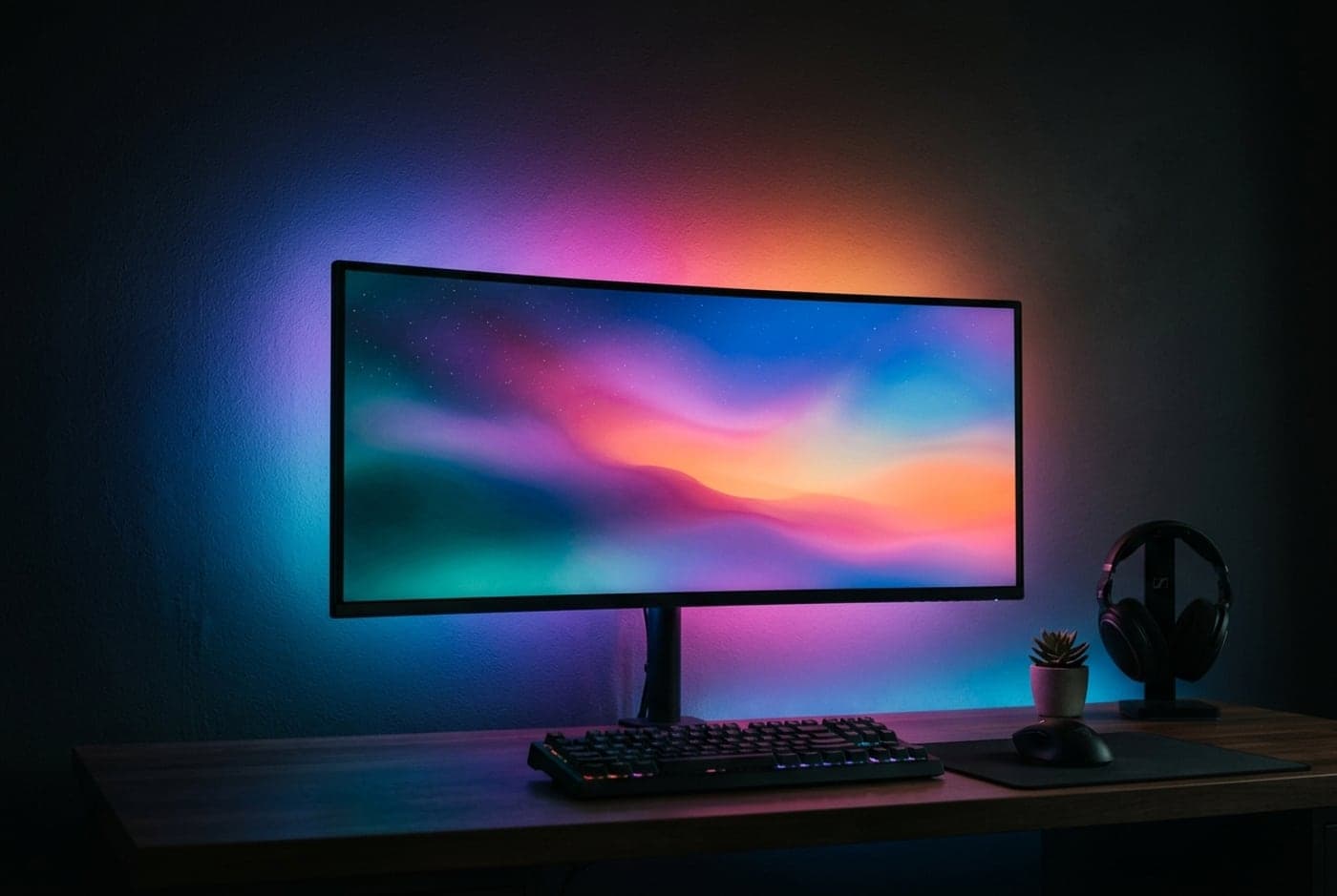 Philips Hue Play Gradient lightstrip mounted around the back of a monitor projecting a smooth blended gradient that matches the colors on the screen