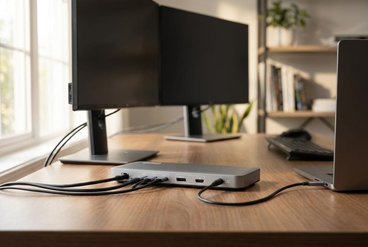 Plugable UD-6950PDH docking station on a desk driving two external monitors from a single laptop connection, cables routed behind the screens