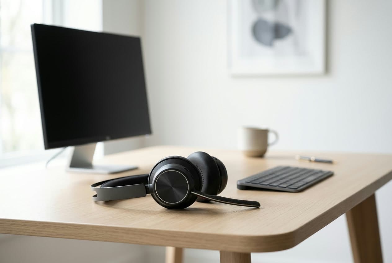 Poly Voyager Focus 2 UC over-ear wireless headset in black with its slim boom microphone, on a tidy desk beside a monitor