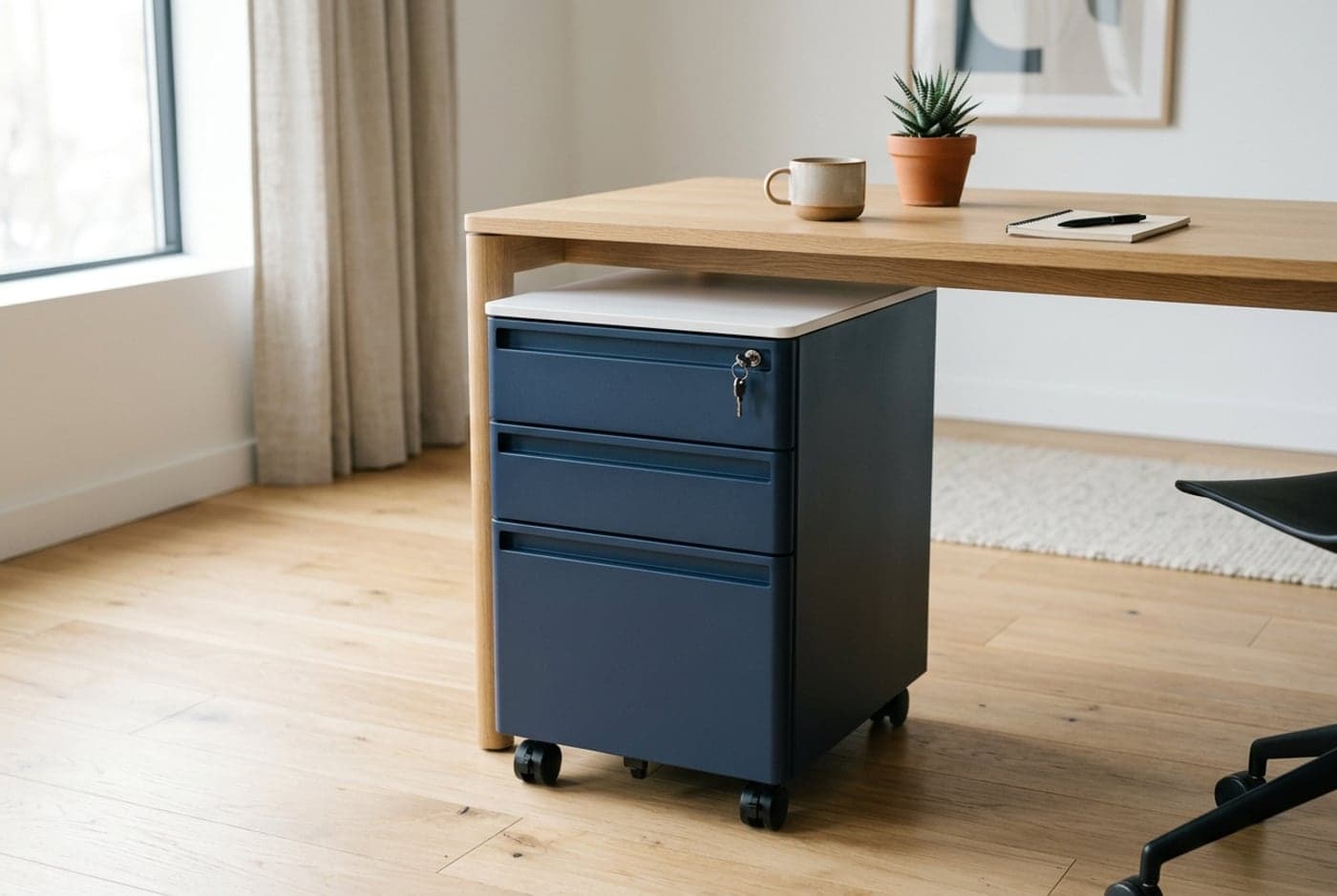 Colorful powder-coated Poppin Stow three-drawer mobile file cabinet with a lock, rolled under a light wood desk