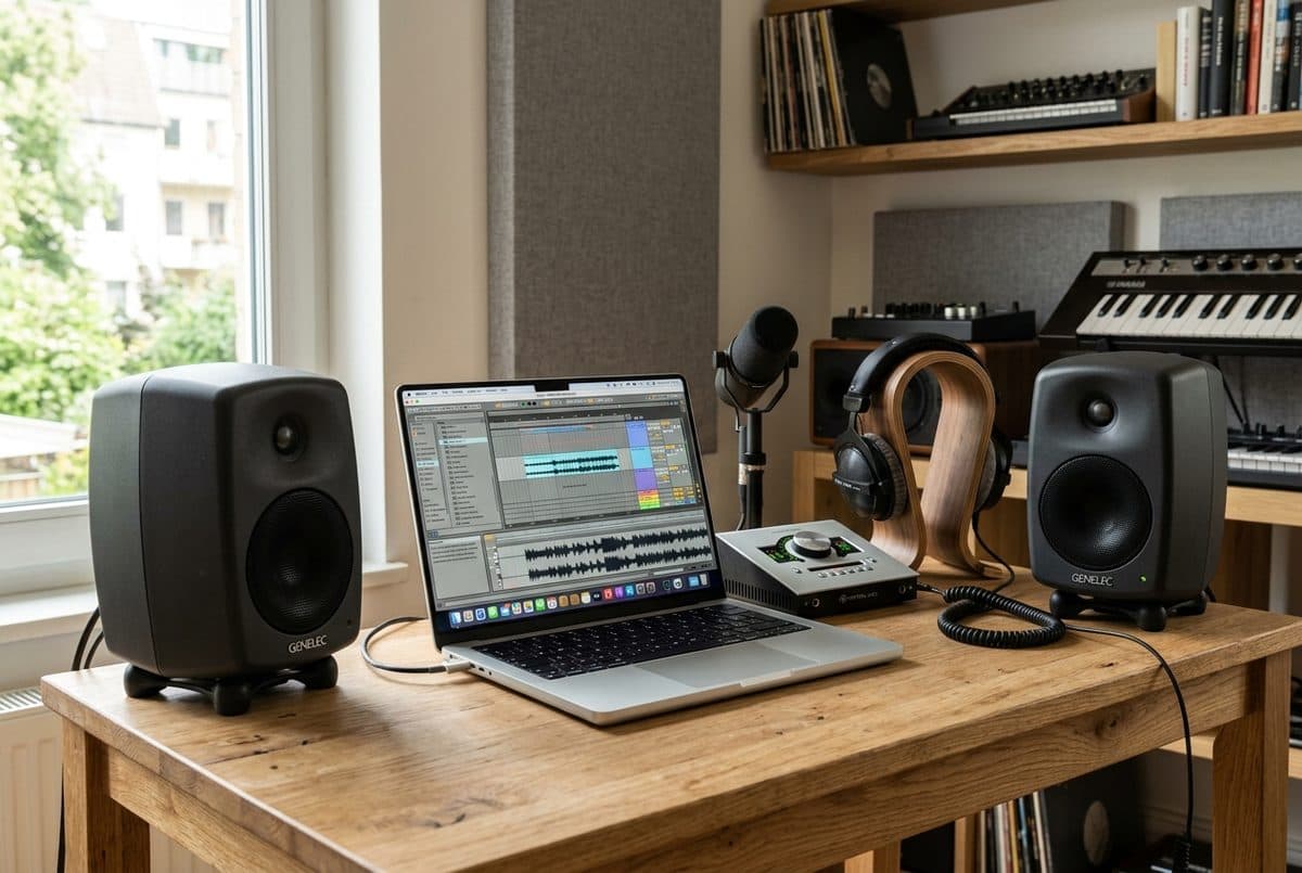 PreSonus Eris E3.5 studio monitor pair flanking a laptop on a wood-finish desk in a home studio workspace