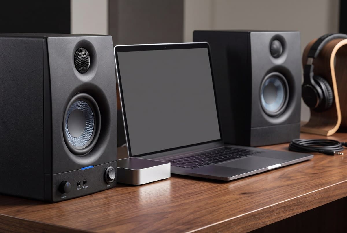 PreSonus Eris 3.5 2nd Gen studio monitors flanking a laptop on a walnut desk, the near speaker showing its front volume knob, headphone and aux jacks and power switch, with an audio interface and headphones alongside