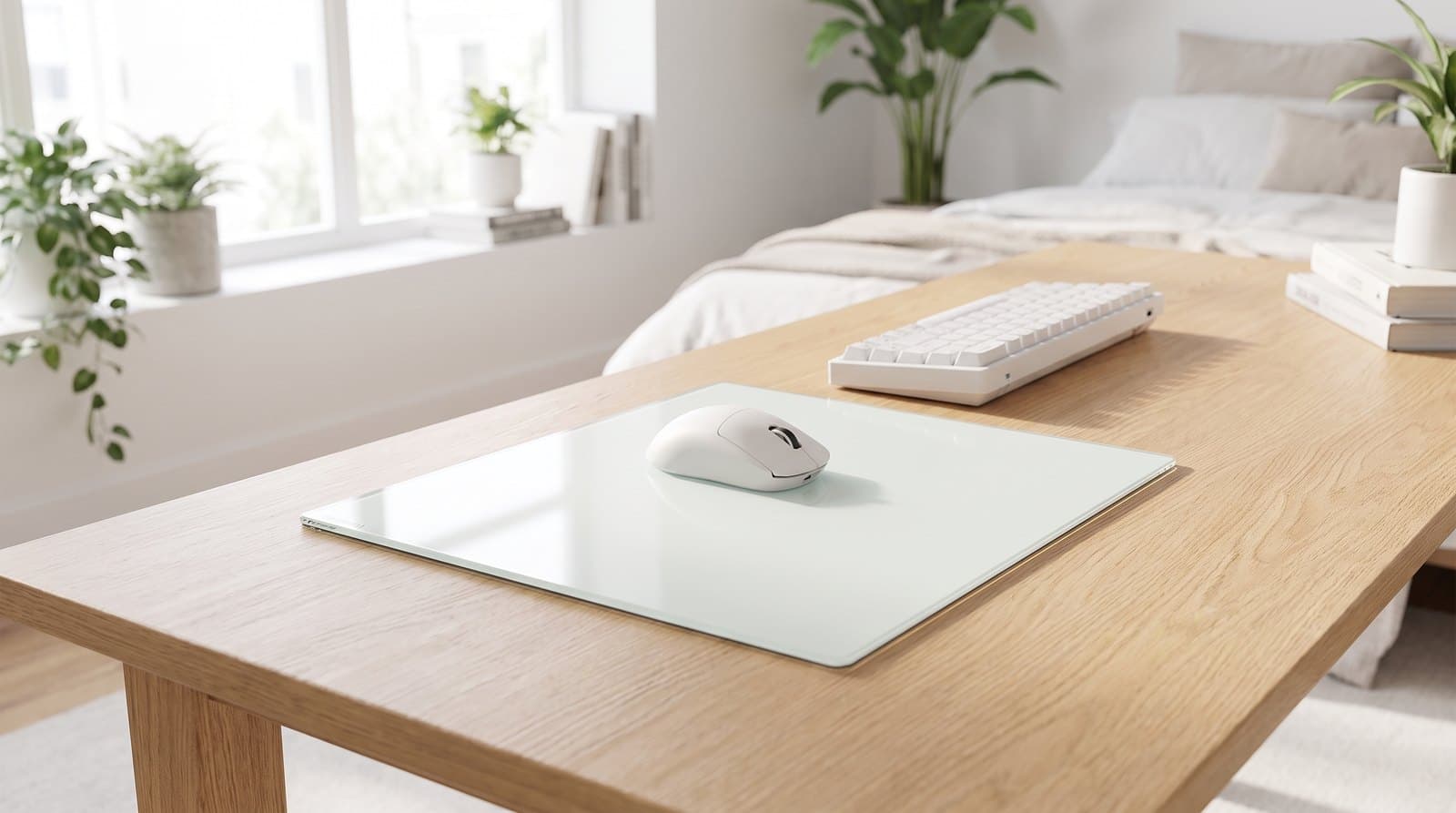 Thin white glass gaming mousepad with rounded machined edges on a desk under a lightweight gaming mouse in a bedroom setup