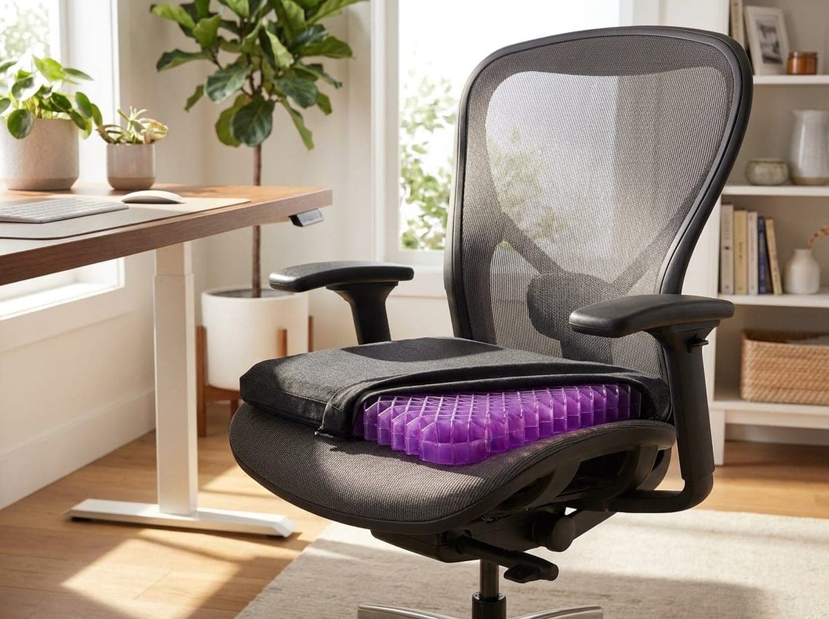 Purple Royal seat cushion showing its open hyper-elastic gel grid on an office chair in a bright room