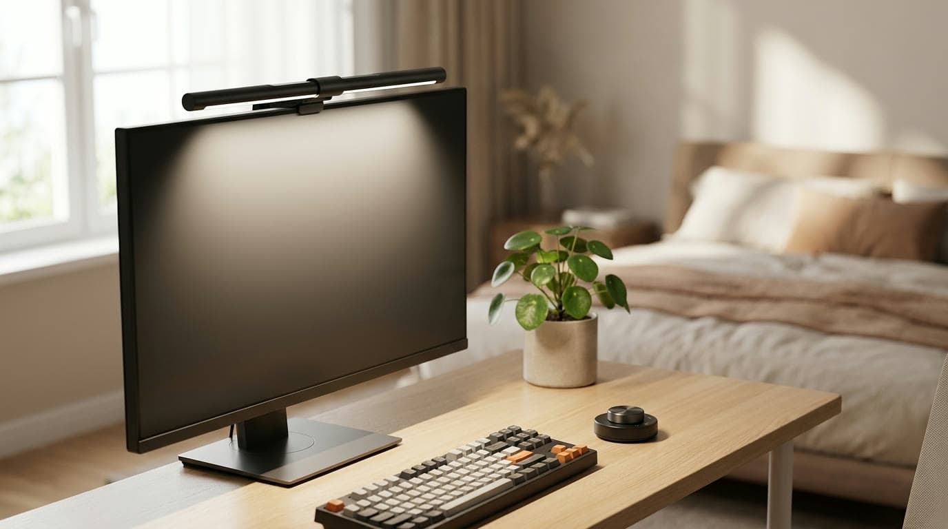 Quntis Monitor Light Bar Pro clipped to a flat monitor with a small wireless remote on the desk, lighting a keyboard evenly in a tidy home office