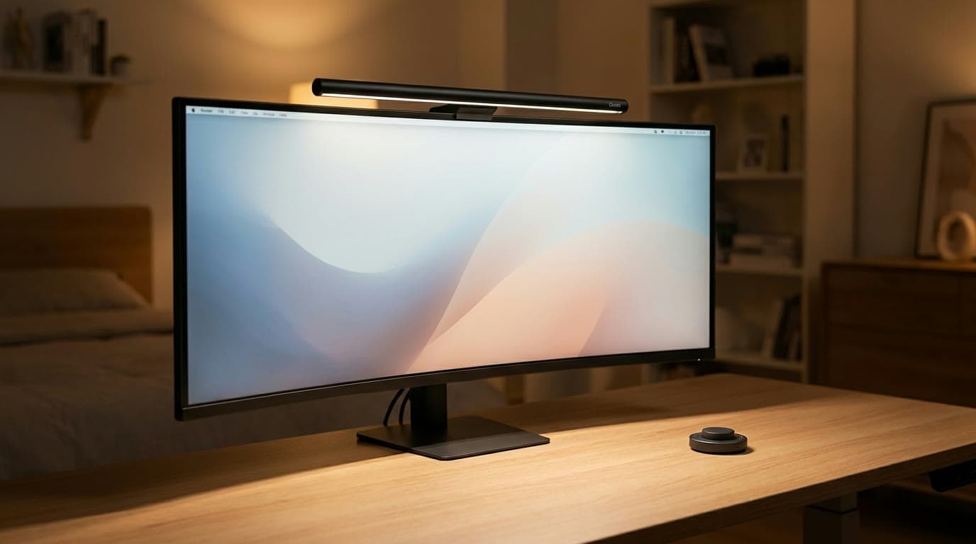 Long Quntis ScreenLinear light bar spanning the top of a curved ultrawide monitor, casting even light across a wide desk in a home office
