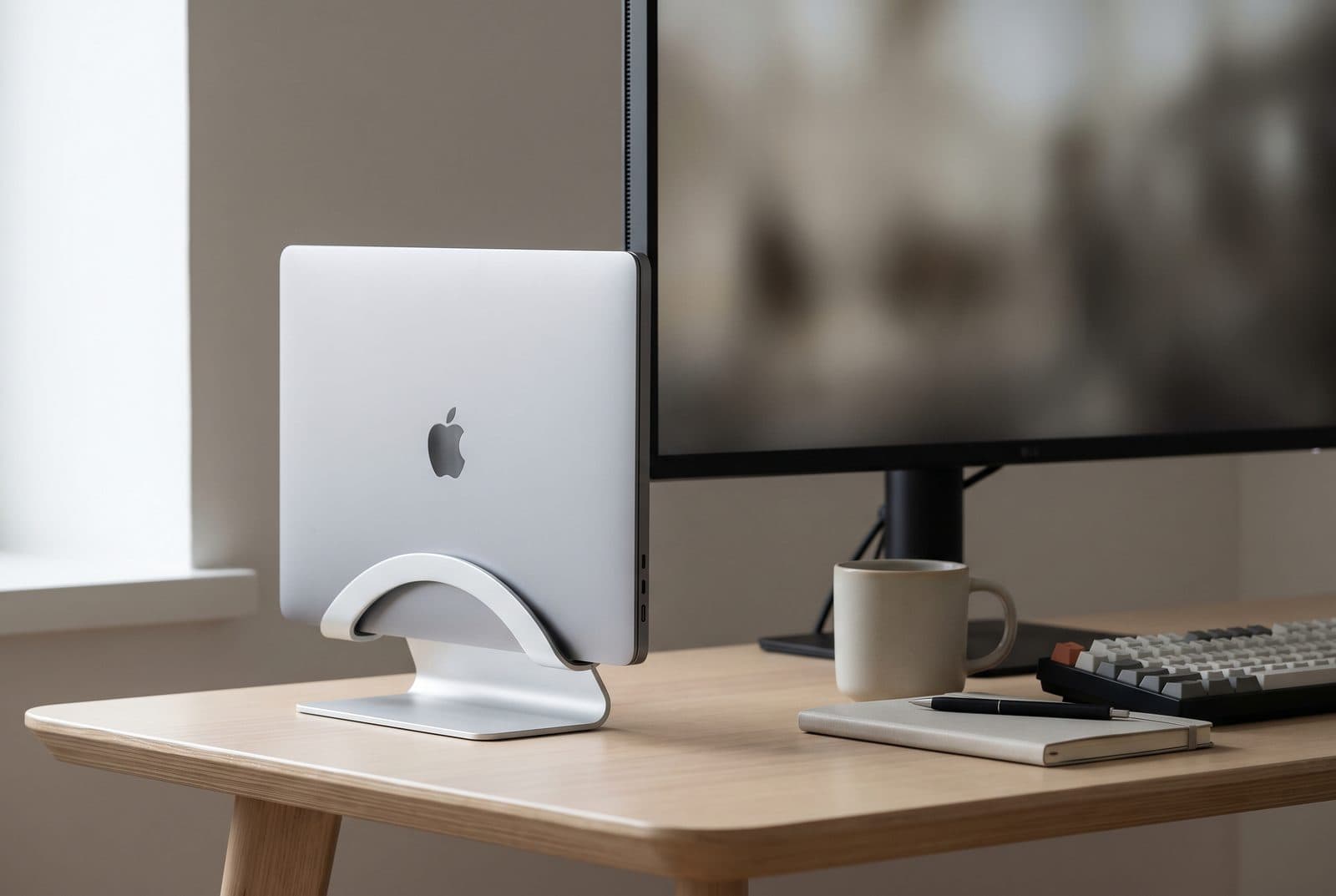Rain Design mTower single-piece aluminum vertical stand holding a closed silver MacBook upright on a desk beside a monitor