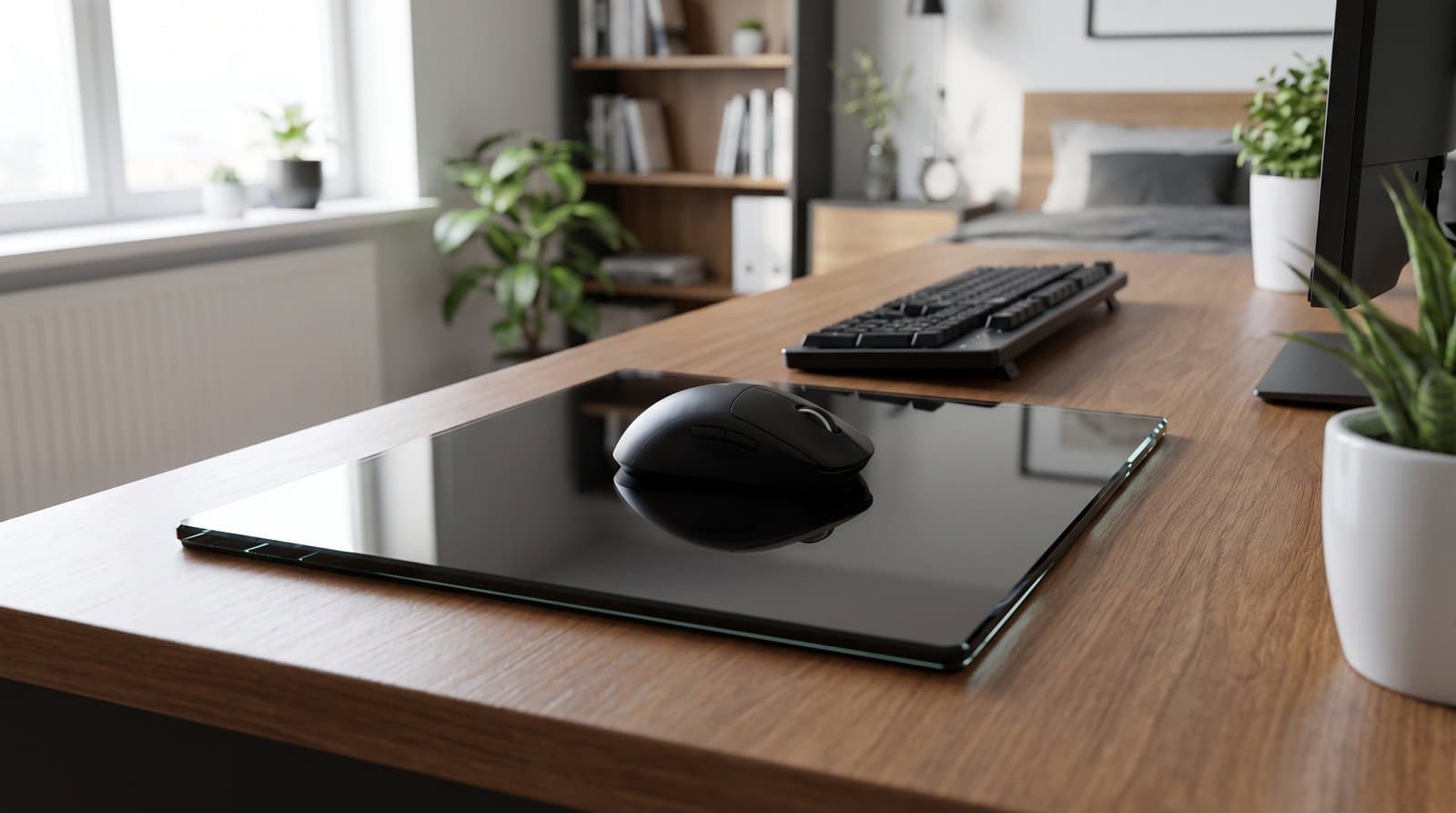 Large black tempered glass mousepad with a polished milled edge on a wooden desk, a gaming mouse resting on it and a keyboard behind