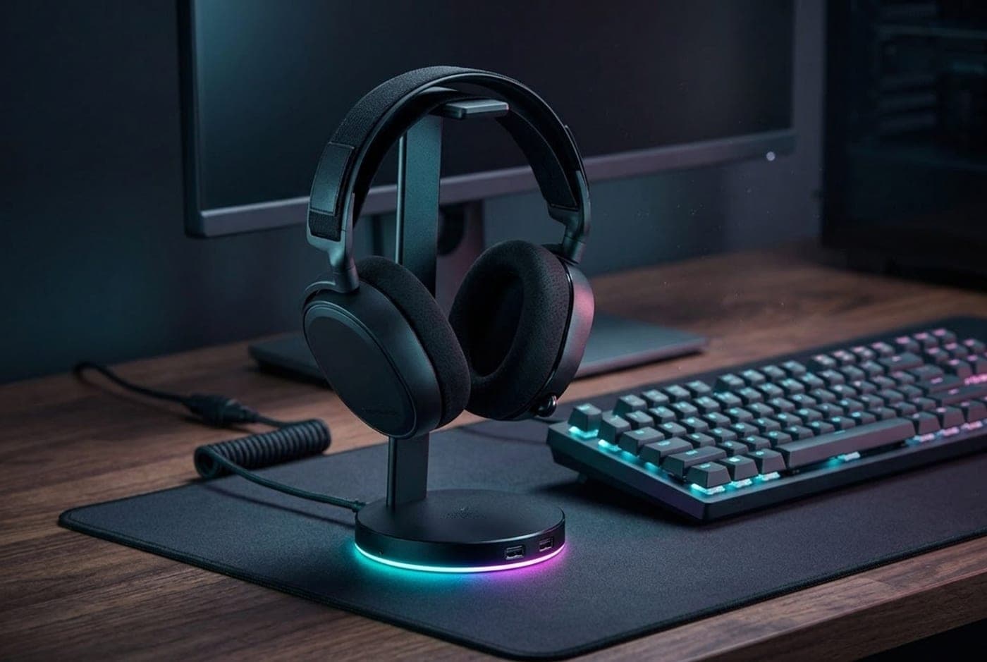 Black anodized Razer Base Station V2 Chroma headset stand glowing with RGB light at its base, holding a gaming headset on a desk