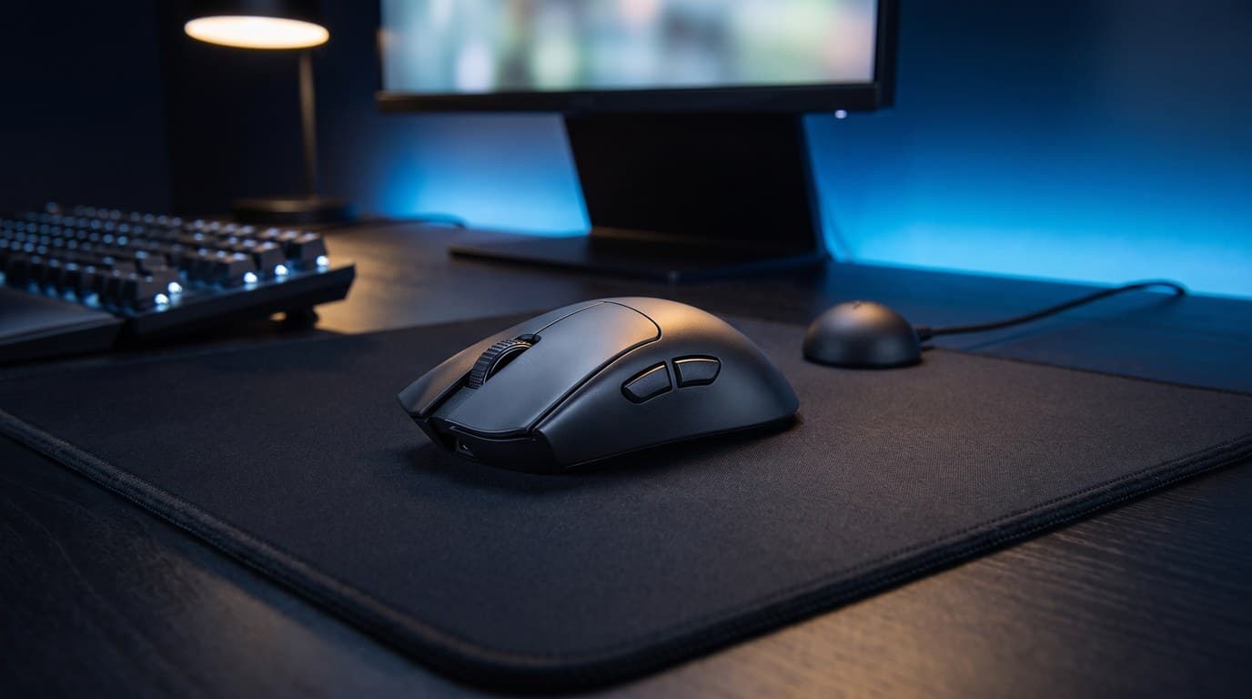 Razer DeathAdder V4 Pro ergonomic wireless gaming mouse in matte black on a large black stitched-edge desk mat, its dome receiver on a cable behind it, backlit keyboard and monitor glow in a dim room