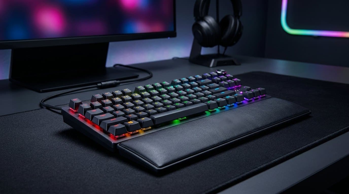 Razer Huntsman V3 Pro TKL gaming keyboard with RGB backlighting, media dial and leatherette wrist rest on a dark gaming desk