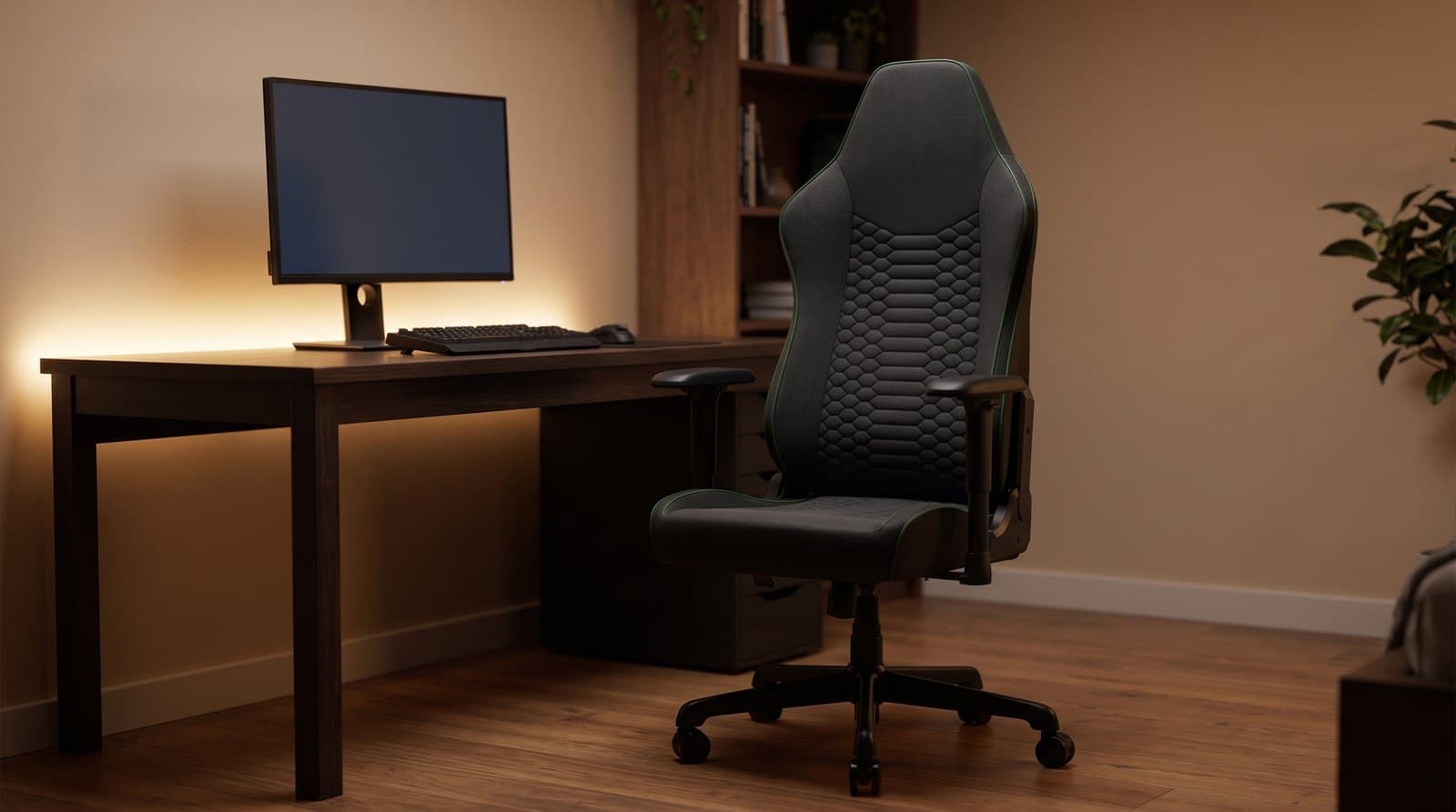 A black woven-fabric gaming chair with subtle green trim and a hexagonal quilted backrest, no head pillow, positioned beside a bedroom desk with a monitor and soft ambient lighting