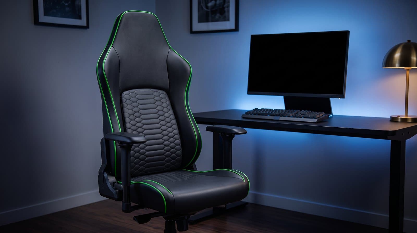 A black synthetic-leather gaming chair with green edge piping and a hexagonal quilted backrest, with 4D armrests, in a dimly lit bedroom gaming corner beside a desk with a wide monitor