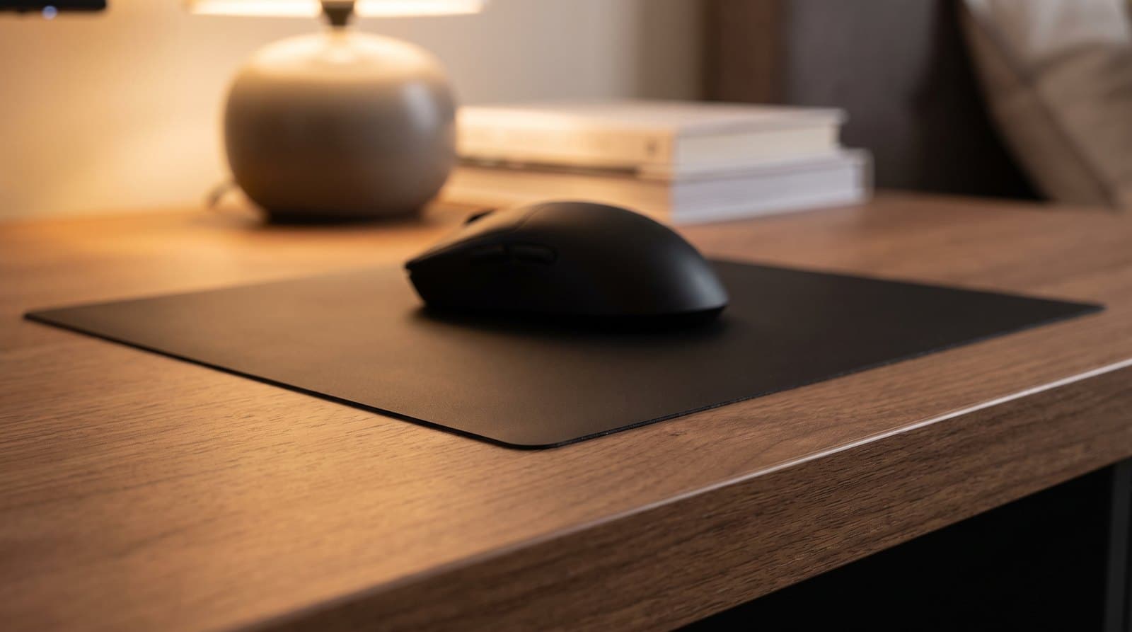Very thin black polycarbonate mouse mat lying almost flush with a desk surface beneath a gaming mouse