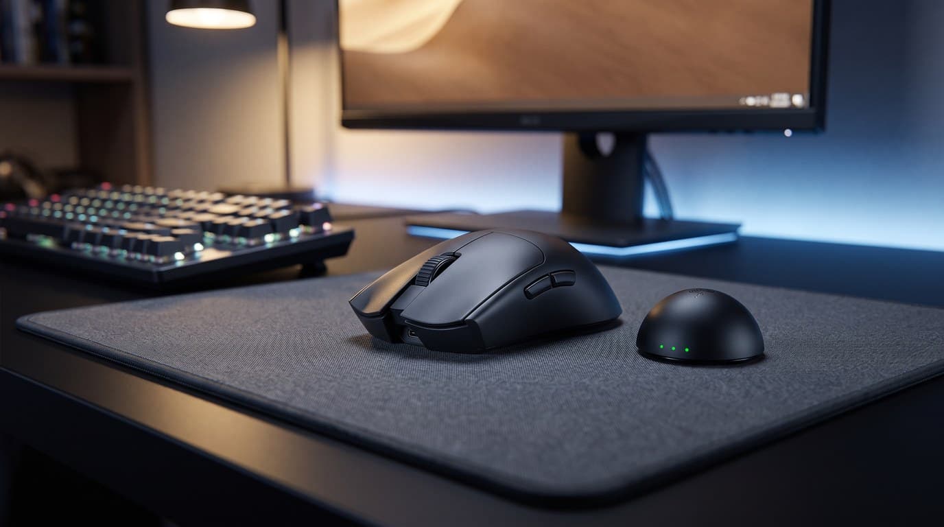 Razer Viper V4 Pro symmetrical wireless gaming mouse in matte black on a grey cloth desk mat, its dome-shaped HyperSpeed receiver beside it, backlit keyboard and glowing monitor behind