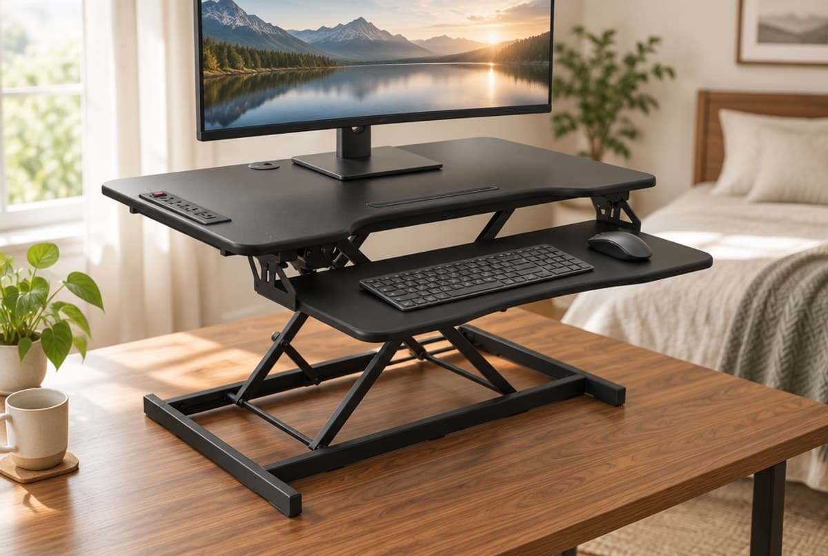 Rocelco EDR2B two-tier electric desk riser raised on a walnut desk, its black X-scissor lift standing on flat runner feet on the desktop, with a strip of AC outlets set into the front-left edge of the upper deck and a contoured keyboard tray on the tier below