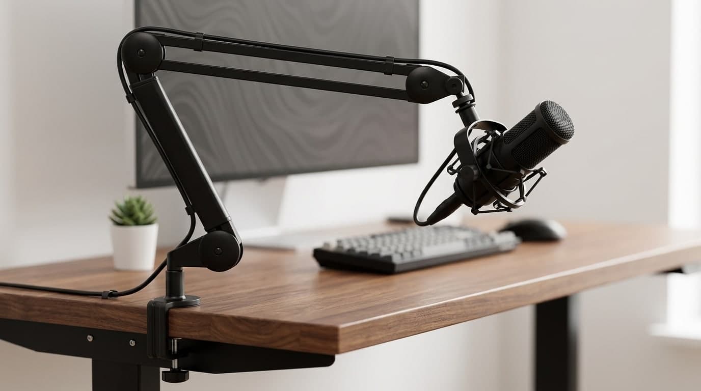 Rode PSA1+ black parallelogram boom arm clamped to a walnut desk holding a dynamic microphone in front of a dual-monitor home office