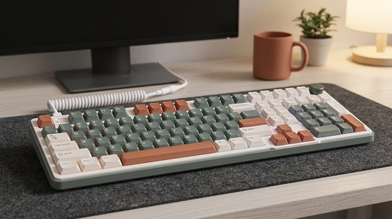 Royal Kludge C98 HE 96 percent gaming keyboard in a retro sage green, cream and terracotta colourway, numpad and control knob on the right, on a dark desk mat