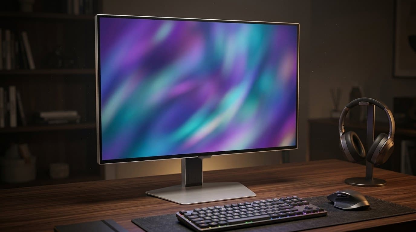 A large 32-inch flat gaming monitor with brushed silver edges and very thin bezels on a dark column and wide flat silver base, filling a dark walnut desk beside a backlit keyboard, a mouse and headphones on a stand