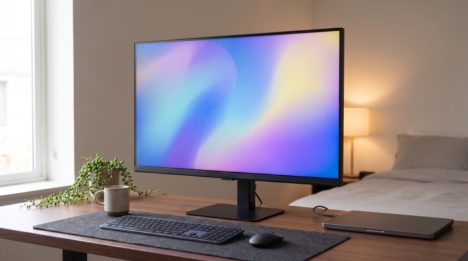 Large black 32-inch 4K monitor on a height-adjustable stand dominating a deep wooden desk in a home office, with a laptop docked beside it by one cable