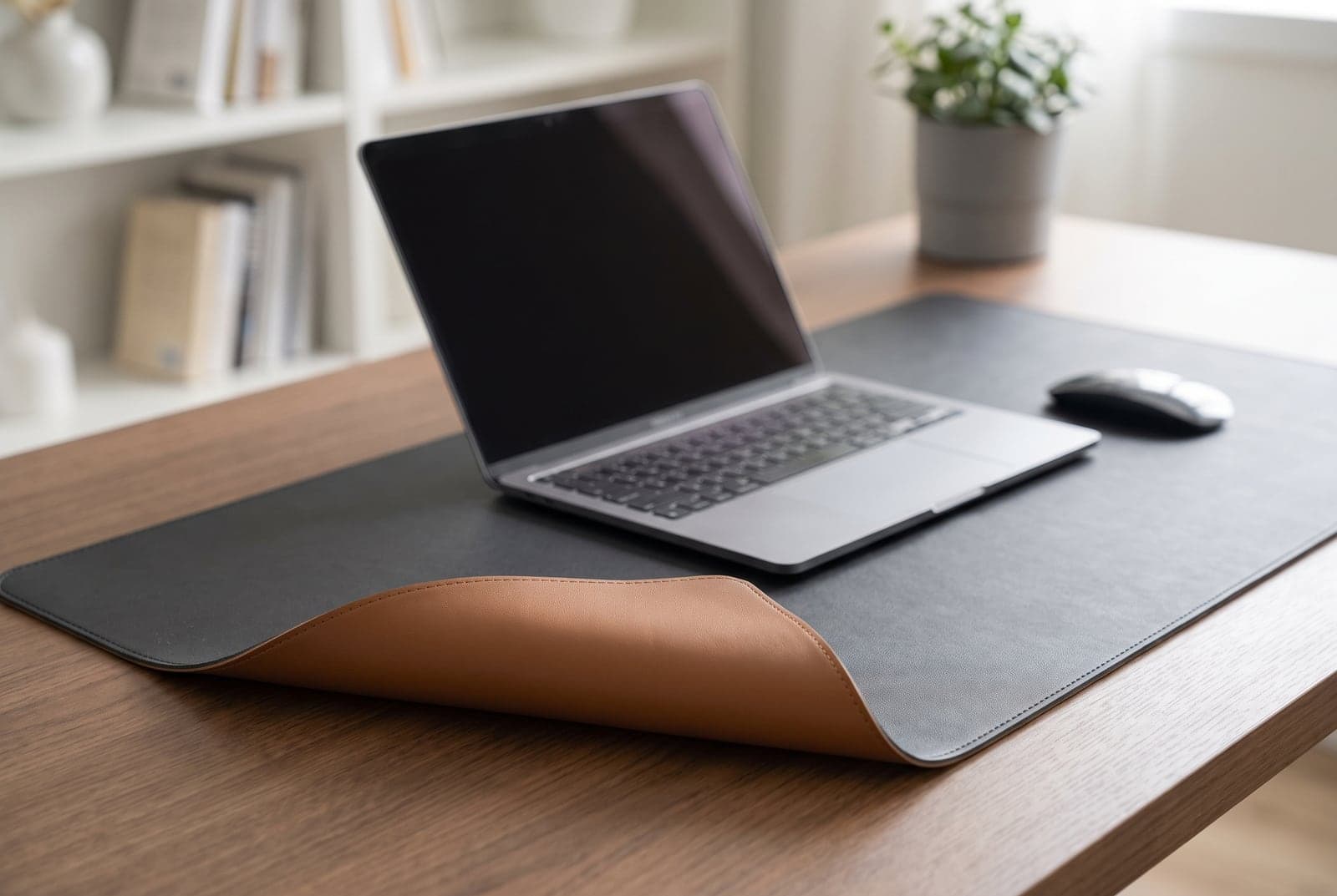 Reversible two-tone Satechi vegan-leather desk mate on a desk, one side blue and one side green, under a laptop