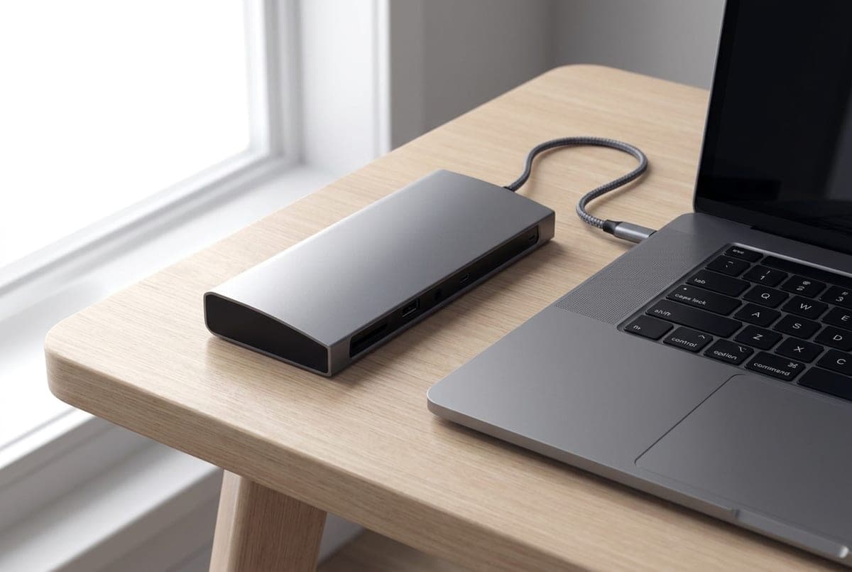 Satechi space-gray aluminum Thunderbolt 4 dock next to a MacBook on a minimalist desk, matching the laptop's finish