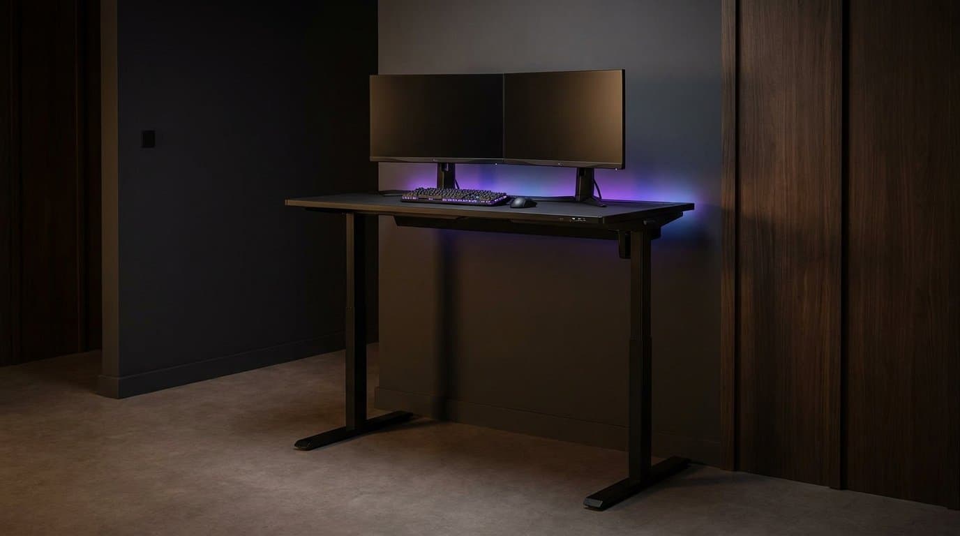 Secretlab MAGNUS Pro steel standing desk with a dark magnetic deck and RGB-lit gaming setup, two monitors and a keyboard on top, cables hidden inside the frame