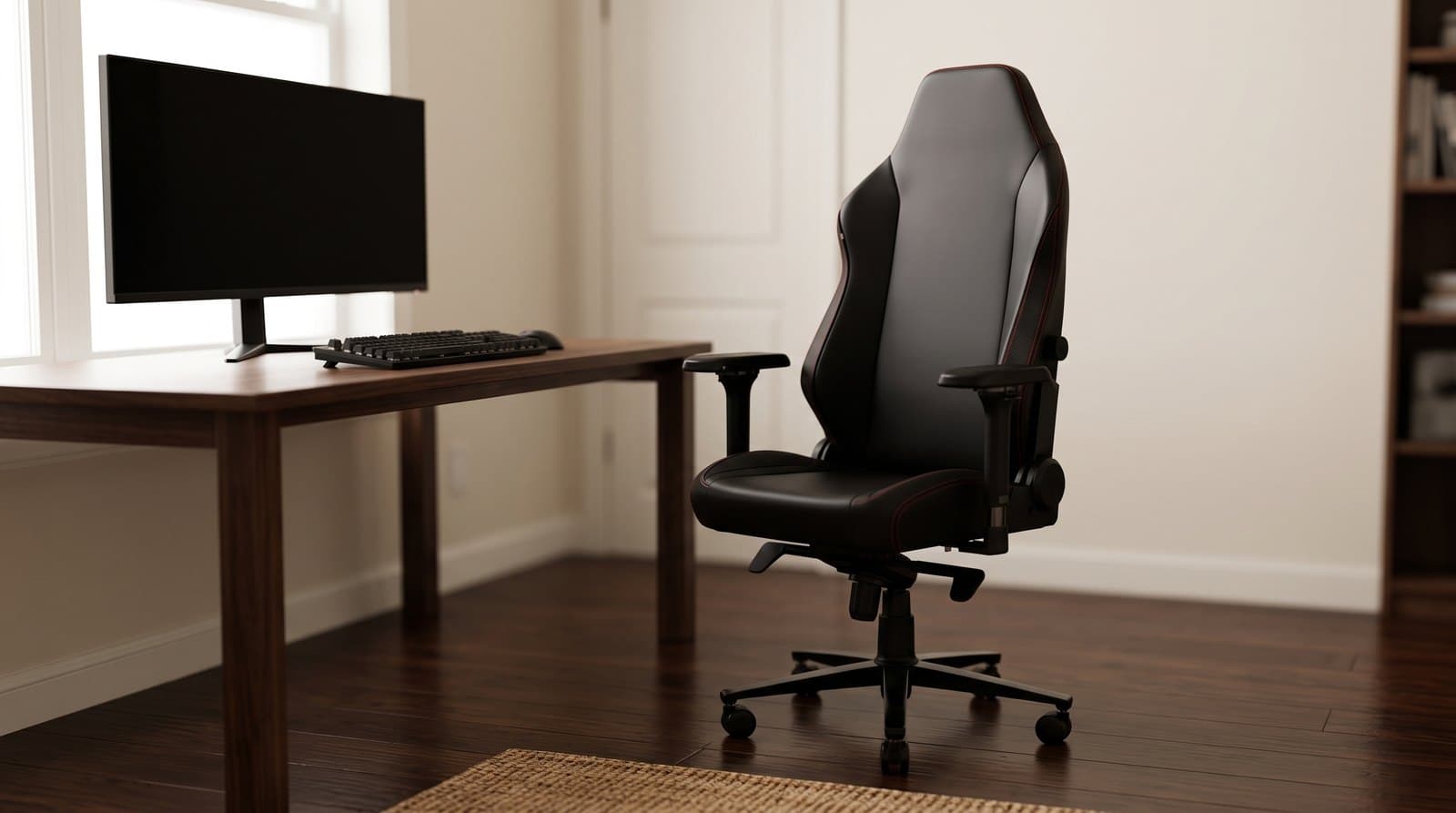 A black leatherette racing-style gaming chair with a gold logo on the backrest, a magnetic head pillow and 4D armrests, standing on a hardwood floor beside a dark wood desk in a bedroom home office