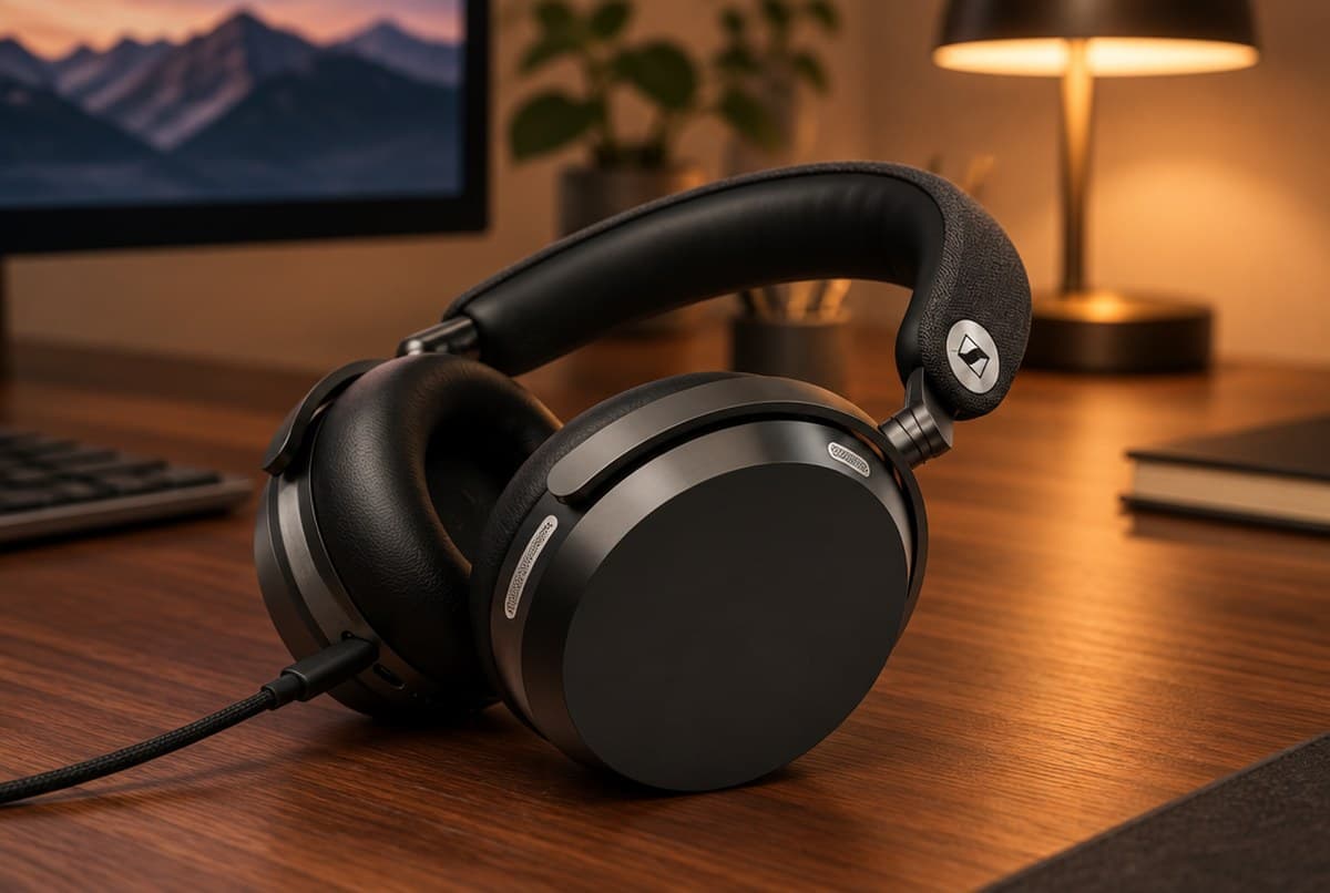 Sennheiser Momentum 5 Wireless headphones with fabric headband and flat circular earcups resting on a walnut desk, a USB-C cable plugged into the bottom of the left cup under warm lamp light