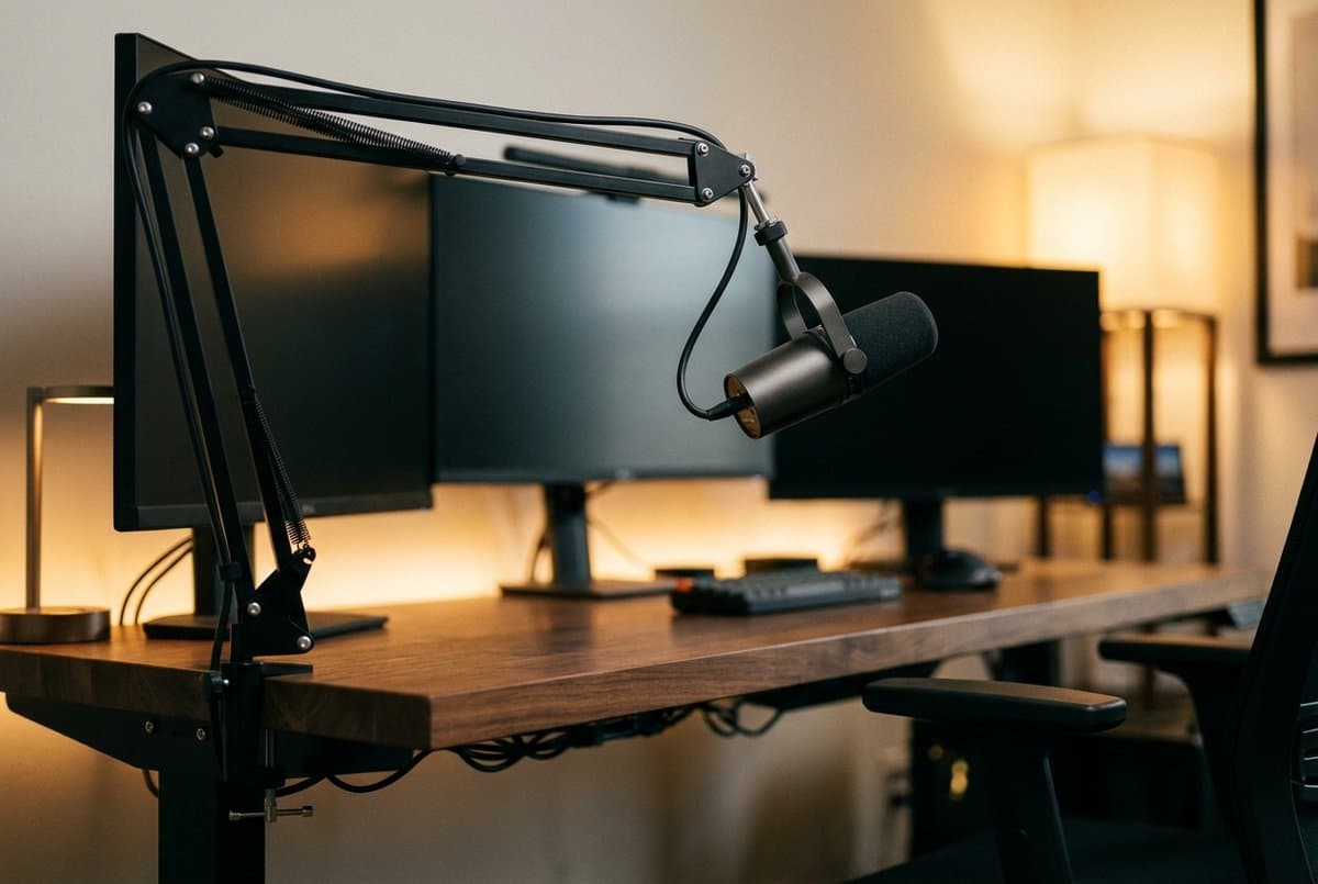 Shure MV7+ dark dynamic USB microphone on a boom arm above a walnut desk in a professional dual-monitor home office